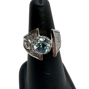 Blue Topaz Hammered Band Silver Ring S9