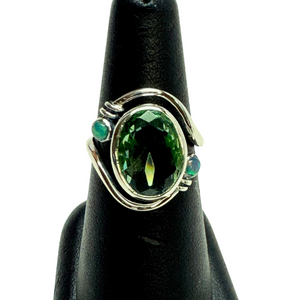 Green Amethyst in Swirl with Opal Silver Ring S7 Green Amethyst in Swirl with Opal Silver Ring S7
