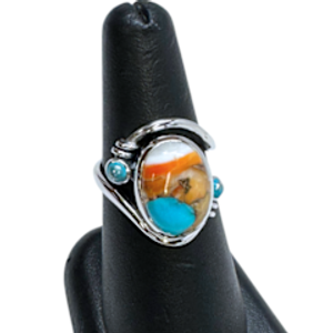 Spiny Oyster Turquoise in Swirl with 2 Stones Silver Ring S7