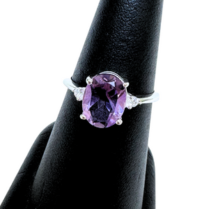 Oval Amethyst Prong with White Topaz Silver Ring S6