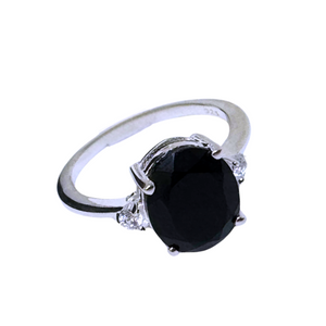 Oval Black Onyx Prong with White Topaz Silver Ring S7 Oval Black Onyx Prong with White Topaz Silver Ring S7
