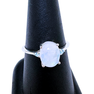 Oval Moonstone Prong with Blue Topaz Silver Ring S6