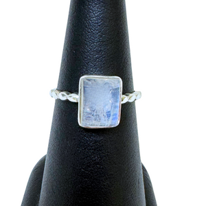 Rainbow Moonstone Rectangle Silver Ring S6
