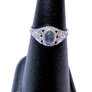 Labradorite Tiny Oval with Leaves Silver Ring S9 Labradorite Tiny Oval with Leaves Silver Ring S9