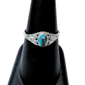 Copper Turquoise Tiny Oval with Leaves Silver Ring S9 Copper Turquoise Tiny Oval with Leaves Silver Ring S9