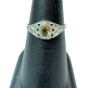 Citrine Tiny Oval with Leaves Silver Ring S6 Citrine Tiny Oval with Leaves Silver Ring S6