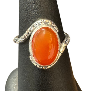 Carnelian Med Oval Scrolly Band Silver Ring S9 Carnelian Med Oval Scrolly Band Silver Ring S9