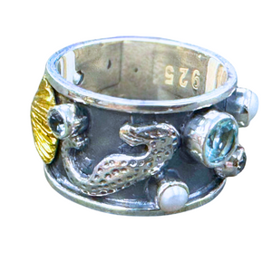 Blue Topaz Pearl Seashell Band Silver Ring S9