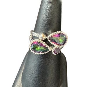 Mystic Topaz, Amethyst Silver 2-Ring Set S8