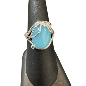 Aqua Chalcedony wire wrapped oval with Blue Topaz Ring S8
