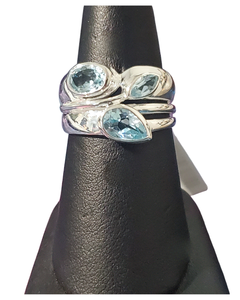 Blue Topaz 3 stone thick band Silver Ring S7