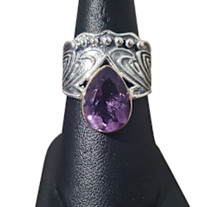 Amethyst thick band gold marquis Silver Ring S7