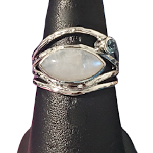 Rainbow Moonstone side marquis with small Blue Topaz Ring S8