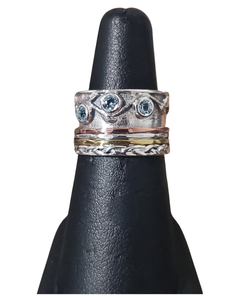 Blue Topaz 3 stone with Gold Spin Ring S9