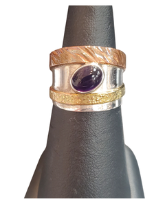 Amethyst oval 2 tone thick band Silver Ring S7 Amethyst oval 2 tone thick band Silver Ring S7