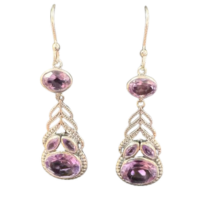 Amethyst Oval with Leaves Silver Earrings