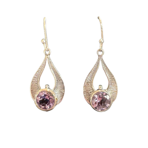 Amethyst Circle in tear with Lines Silver Earrings