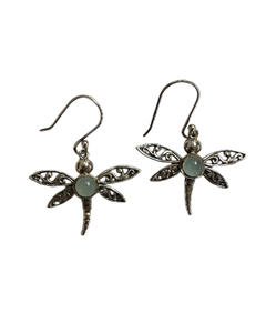 Aqua Chalcedony Dragonfly Silver Earrings