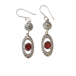 Garnet Circle in Oval Silver Earrings