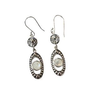 Rainbow Moonstone Circle in Oval Silver Earrings