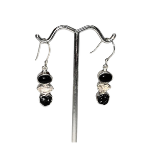 Black Onyx, Herkimer, Diamond 3 Stone Earrings