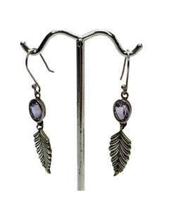 Amethyst Circle Leaf Silver Earrings
