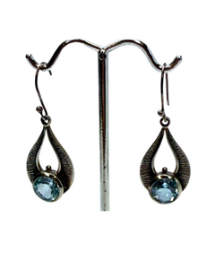 Blue Topaz Tear with Lines Silver Earrings