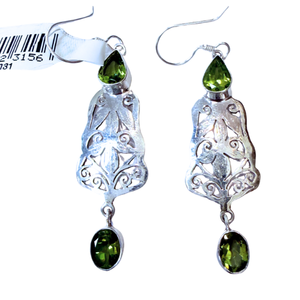 Peridot Scroll Design 2 Stone Silver Earrings