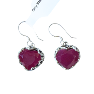 Ruby Hearts Facet Silver Earrings