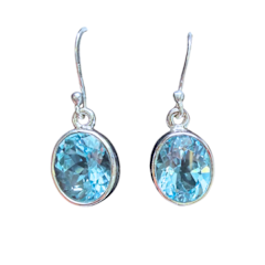 Blue Topaz Oval Facet Silver Earrings