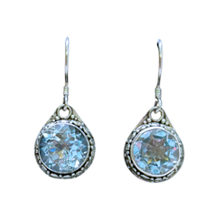 Blue Topaz Circle Facet Silver Earrings
