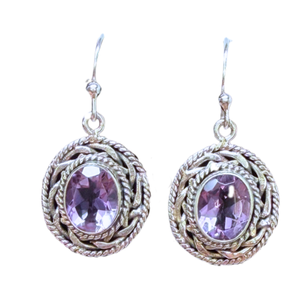 Amethyst Oval Rope Outline Silver Earrings