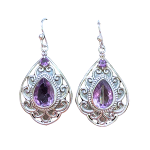 Amethyst Tear Scrolly Outline Silver Earrings