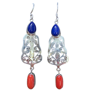Lapis, Red Coral scroll design 2 stone Earrings