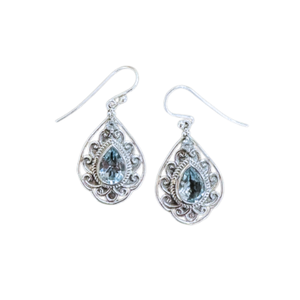 Blue Topaz tear in scroll tear Silver Earrings