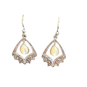 Mother of Pearl Tear Drop Scroll Silver Earrings