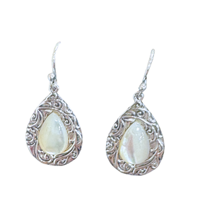 Mother of Pearl Tear in Tear Scroll Silver Earrings