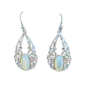 Mother of Pearl Oval in Tear Scrolls Silver Earrings