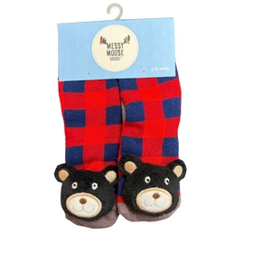 Black Bear Rattle Baby Socks -Red Buffalo Check
