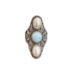 Larimar & Pearl 3 stone Silver Ring S8