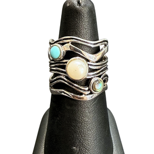 Turquoise, Pearl, Abalone Silver Ring S8