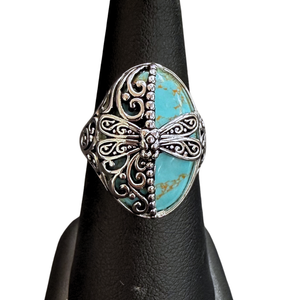 Turquoise Oval with Dragonfly Silver Ring S8