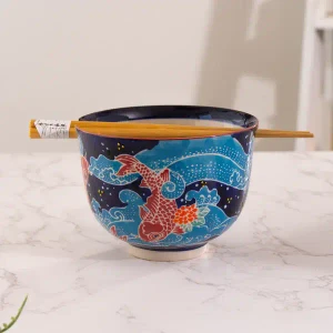 Ramen Bowl with Chopsticks - Navy Koi Fish