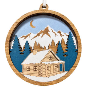Winter Cabin Round Wood Ornament