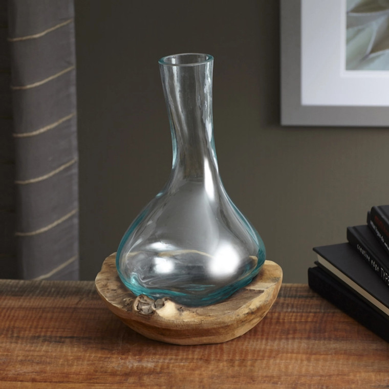 Molten Glass Decanter with Teak Base