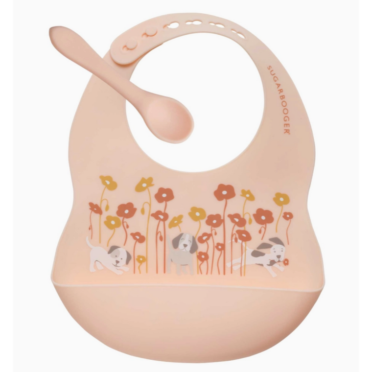 Sugarbooger Silicone Bib & Spoon Set - Puppies & Poppies