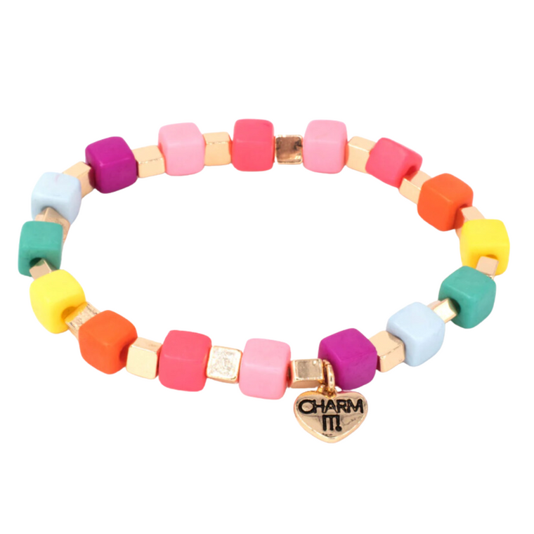 Gold Multi Cube Stretch Bead Bracelet