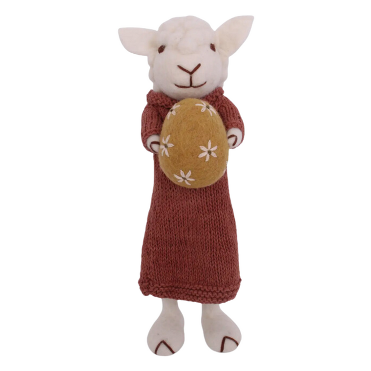 Felt Sheep With Dusty Red Dress & Easter Egg - Large