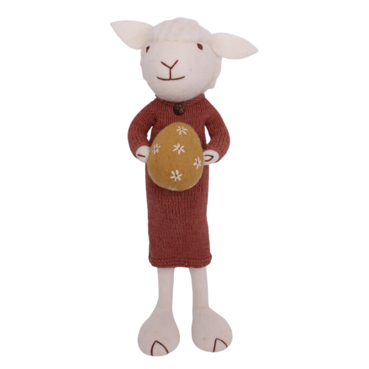 Felt Sheep With Dusty Red Dress & Easter Egg - Extra Large