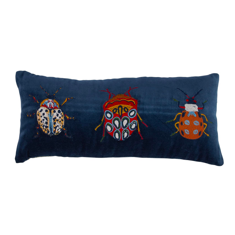 Blue Velvet Embroidered Pillow - Beetles